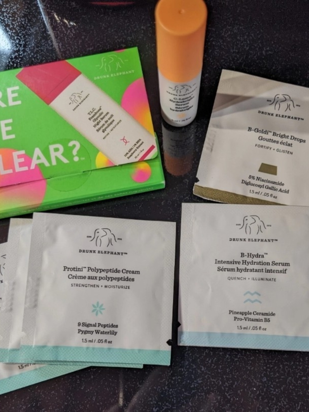 Drunk Elephant Samples PKT Protoni, Hydra B, TLC Framboos Night Serums & C Luma
